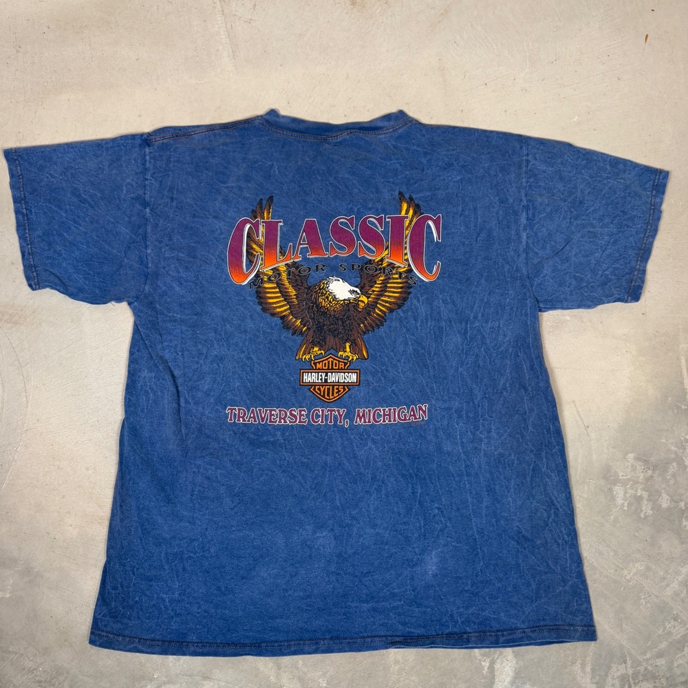 Vintage 1995 Harley Davidson Traverse City Michigan Eagle Blue T-Shirt Mens XL